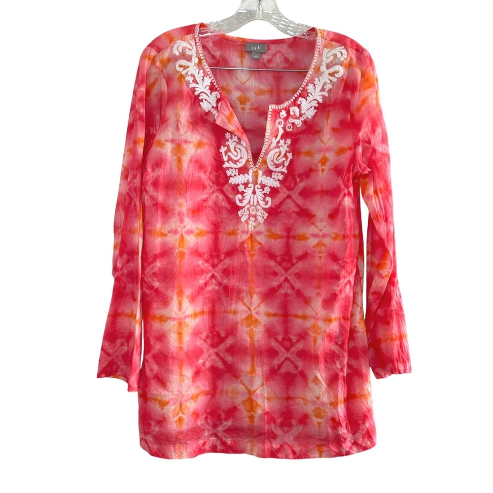 J.Jill Tie Dye Tunic Top Pink Orange Embroidered Long Sleeve Cotton Medium boho